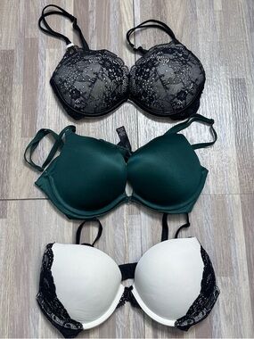 Victoria’s Secret Women’s Lace & Push-up Bra Bundle - Black, Emerald, White 32D